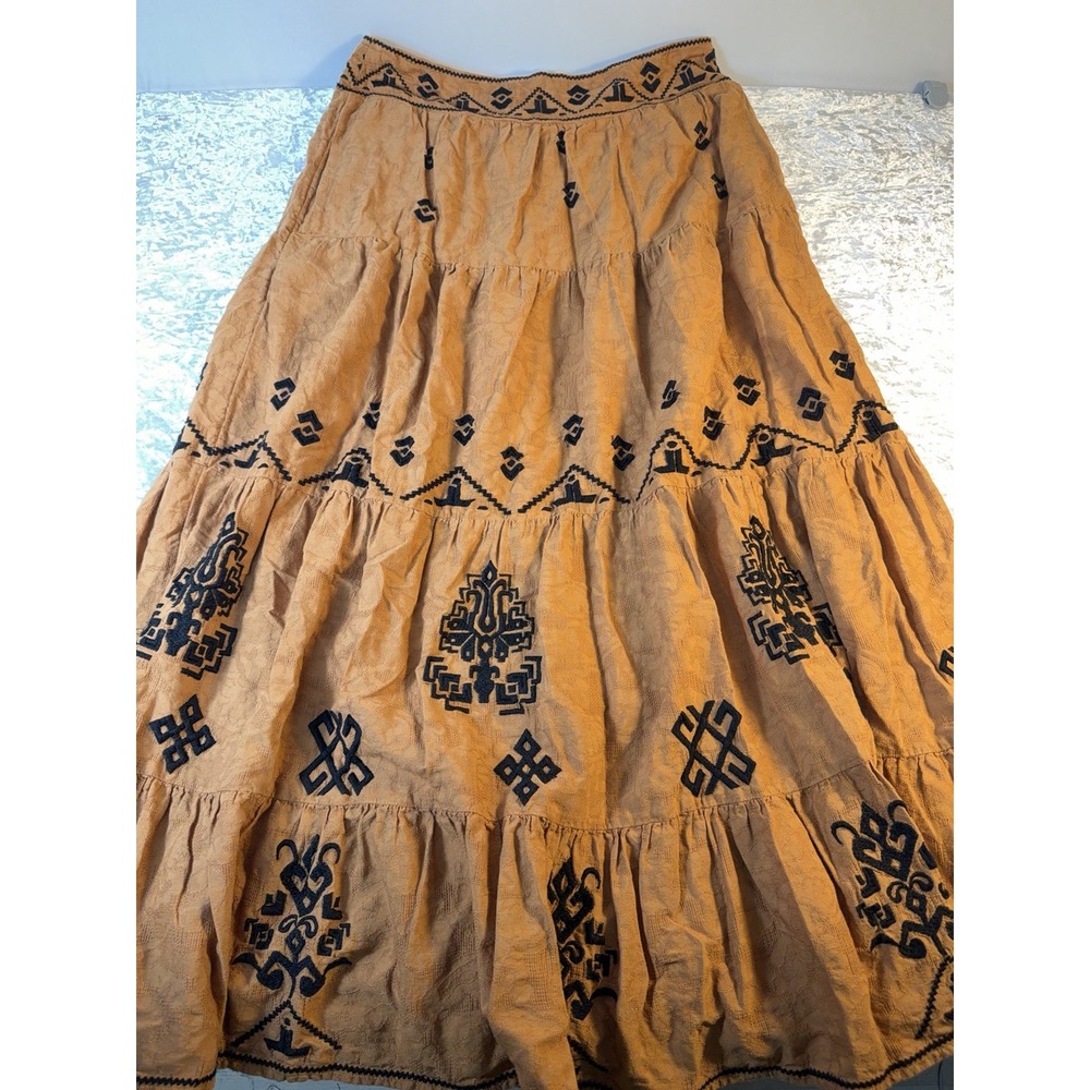 Anthropologie Women's 14 Embroidered Tiered Maxi Skirt Southwestern Boho Brown